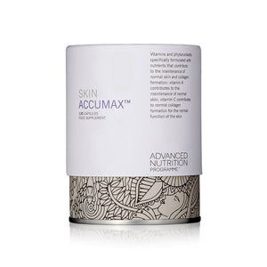 A closed cylindrical box of Advanced Nutrition Programme Skin Accumax 120 Capsules