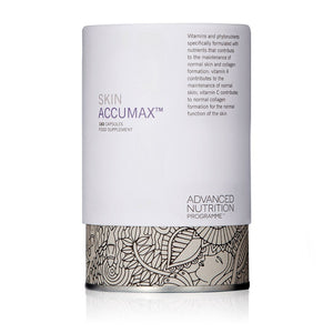 A closed cylindrical box of Advanced Nutrition Programme Skin Accumax 180 Capsules