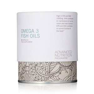 A closed cylindrical box of Advanced Nutrition Programme Omega 3 Fish Oil
